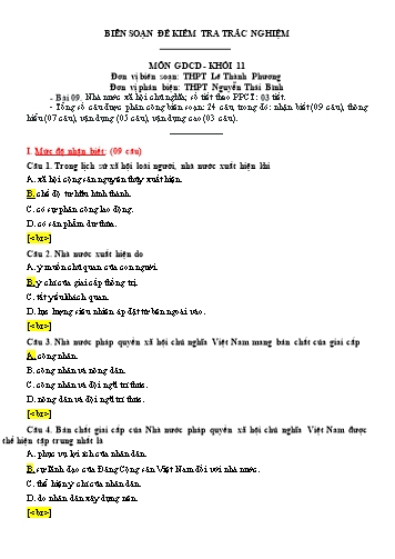 Đề kiểm tra trắc nghiệm môn Giáo dục công dân Khối 11 - Bài 9: Nhà nước xã hội chủ nghĩa - Trường THPT Lê Thành Phương (Có đáp án)
