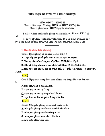 Đề kiểm tra trắc nghiệm môn Giáo dục công dân Khối 11 - Trường THCS và THPT Võ Thị Sáu (Có đáp án)