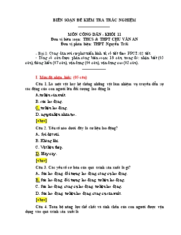 Đề kiểm tra trắc nghiệm môn Giáo dục công dân Khối 11 - Trường THCS & THPT Chu Văn An (Có đáp án)
