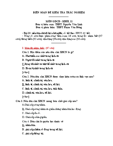 Đề kiểm tra trắc nghiệm môn Giáo dục công dân Khối 11 - Trường THPT Nguyễn Văn Linh (Có đáp án)