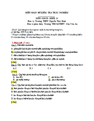 Đề kiểm tra trắc nghiệm môn Giáo dục công dân Khối 11 - Trường THPT Nguyễn Thái Bình (Có đáp án)