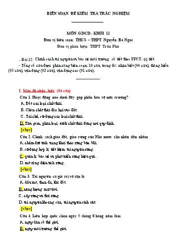 Đề kiểm tra trắc nghiệm môn Giáo dục công dân Khối 11 - Trường THCS&THPT Nguyễn Bá Ngọc (Có đáp án)