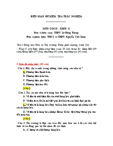 Đề kiểm tra trắc nghiệm môn Giáo dục công dân Khối 11 - Trường THPT Lê Hồng Phong (Có đáp án)
