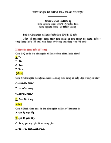 Đề kiểm tra trắc nghiệm môn Giáo dục công dân Khối 11 - Trường THPT Nguyễn Trãi (Có đáp án)