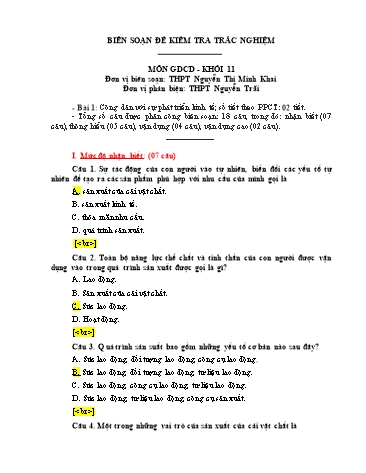 Đề kiểm tra trắc nghiệm môn Giáo dục công dân Khối 11 - Trường THPT Nguyễn Thị Minh Khai (Có đáp án)