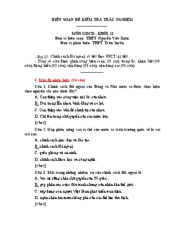 Đề kiểm tra trắc nghiệm môn Giáo dục công dân Khối 11 - Trường THPT Nguyễn Viết Xuân (Có đáp án)