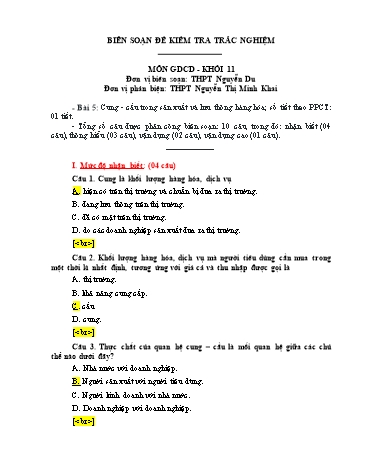 Đề kiểm tra trắc nghiệm môn Giáo dục công dân Khối 11 - Trường THPT Nguyễn Du (Có đáp án)
