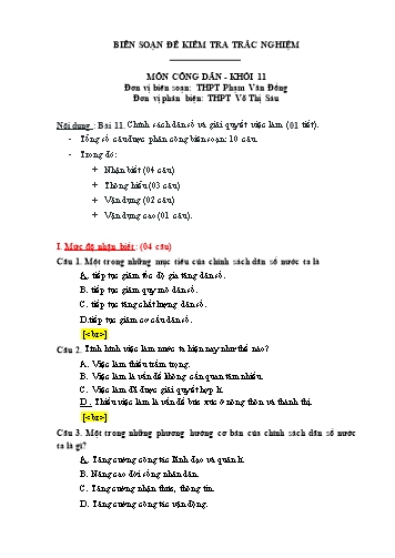 Đề kiểm tra trắc nghiệm môn Giáo dục công dân Khối 11 - Trường THPT Phạm Văn Đồng (Có đáp án)
