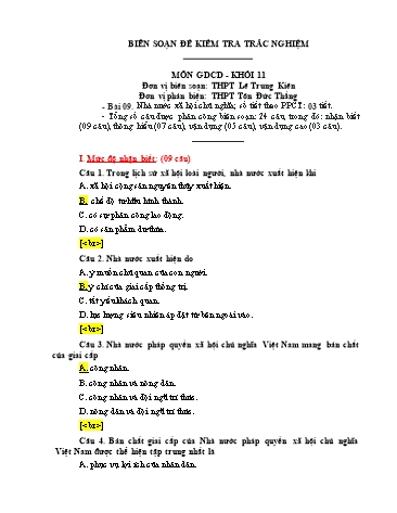 Đề kiểm tra trắc nghiệm môn Giáo dục công dân Khối 11 - Trường THPT Lê Trung Kiên (Có đáp án)