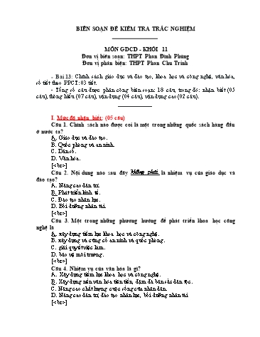 Đề kiểm tra trắc nghiệm môn Giáo dục công dân Khối 11 - Trường THPT Phan Đình Phùng (Có đáp án)