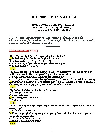 Đề kiểm tra trắc nghiệm môn Giáo dục công dân Khối 11 - Trường THPT Nguyễn Trường Tộ (Có đáp án)