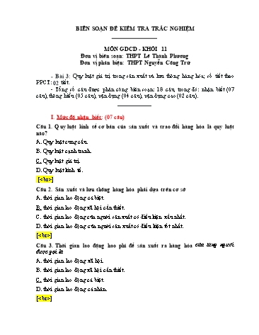 Đề kiểm tra trắc nghiệm môn Giáo dục công dân Khối 11 - Trường THPT Lê Thành Phương (Có đáp án)