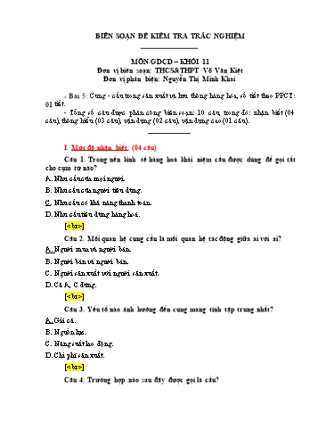 Đề kiểm tra trắc nghiệm môn Giáo dục công dân Khối 11 - Trường THCS&THPT Võ Văn Kiệt (Có đáp án)