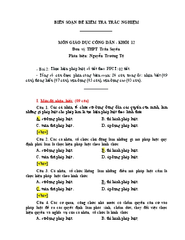 Đề kiểm tra trắc nghiệm môn Giáo dục công dân Khối 12 - Bài 2: Thực hiện pháp luật - Trường THPT Trần Suyền (Có đáp án)