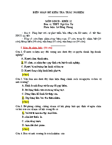 Đề kiểm tra trắc nghiệm môn Giáo dục công dân Khối 12 - Bài 9: Pháp luật với sự phát triển bền vững của đất nước - Trường THPT Ngô Gia Tự (Có đáp án)