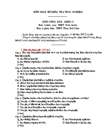 Đề kiểm tra trắc nghiệm môn Giáo dục công dân Khối 12 - Trường THPT Trần Suyền (Có đáp án)