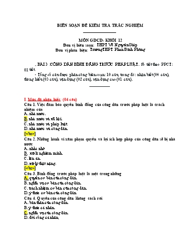 Đề kiểm tra trắc nghiệm môn Giáo dục công dân Khối 12 - Trường THPT Võ Nguyên Giáp (Có đáp án)