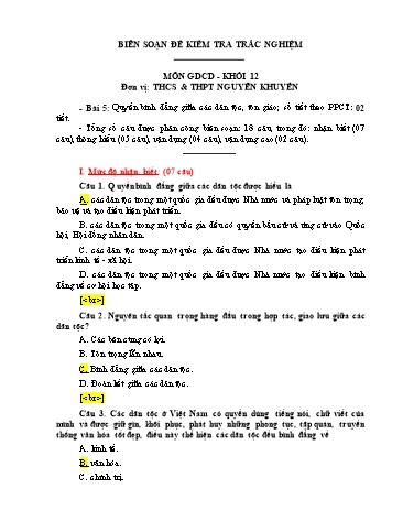 Đề kiểm tra trắc nghiệm môn Giáo dục công dân Khối 12 - Trường THCS & THPT Nguyễn Khuyến (Có đáp án)