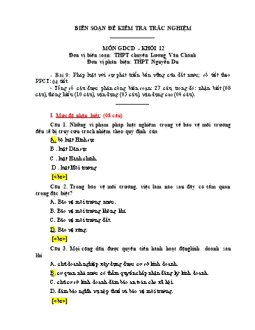 Đề kiểm tra trắc nghiệm môn Giáo dục công dân Khối 12 - Trường THPT chuyên Lương Văn Chánh (Có đáp án)