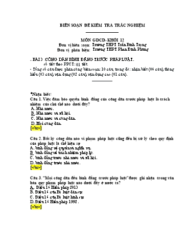 Đề kiểm tra trắc nghiệm môn Giáo dục công dân Khối 12 - Trường THPT Trần Bình Trọng (Có đáp án)