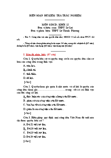 Đề kiểm tra trắc nghiệm môn Giáo dục công dân Khối 12 - Trường THPT Lê Lợi (Có đáp án)
