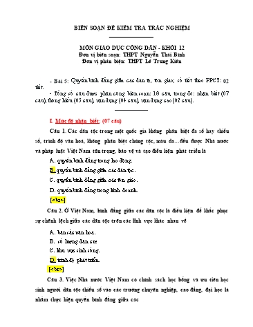 Đề kiểm tra trắc nghiệm môn Giáo dục công dân Khối 12 - Trường THPT Nguyễn Thái Bình (Có đáp án)