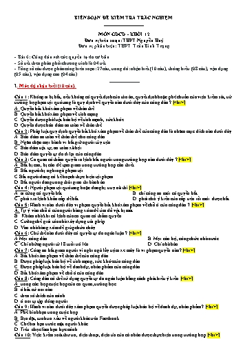 Đề kiểm tra trắc nghiệm môn Giáo dục công dân Khối 12 - Trường THPT Nguyễn Huệ (Có đáp án)