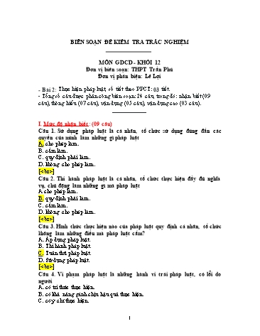 Đề kiểm tra trắc nghiệm môn Giáo dục công dân Khối 12 - Trường THPT Trần Phú (Có đáp án)
