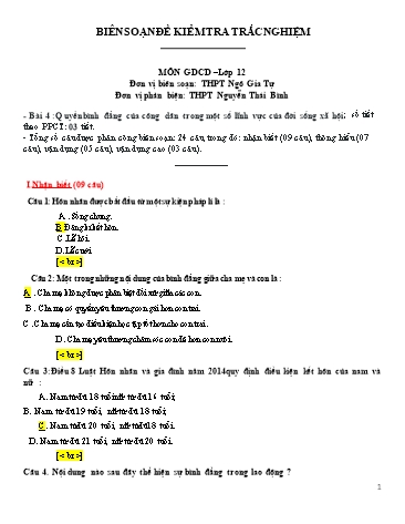 Đề kiểm tra trắc nghiệm môn Giáo dục công dân Lớp 12 - Trường THPT Ngô Gia Tự (Có đáp án)