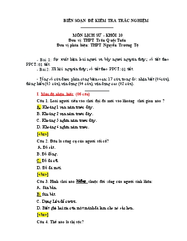 Đề kiểm tra trắc nghiệm môn Lịch sử Khối 10 - Bài 1, 2 - Trường THPT Trần Quốc Tuấn (Có đáp án)