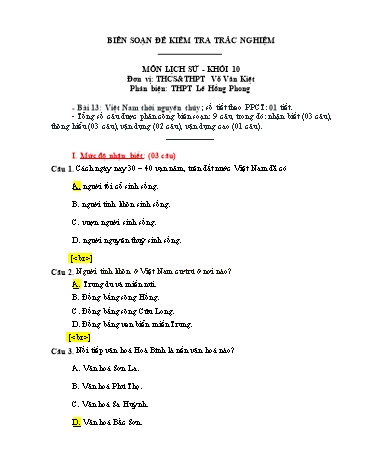 Đề kiểm tra trắc nghiệm môn Lịch sử Khối 10 - Bài 13: Việt Nam thời nguyên thủy - Trường THCS&THPT Võ Văn Kiệt (Có đáp án)