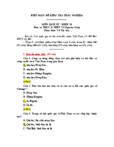 Đề kiểm tra trắc nghiệm môn Lịch sử Khối 10 - Bài 14: Các quốc gia cổ đại trên đất nước Việt Nam - Trường THCS & THPT Võ Nguyên Giáp (Có đáp án)