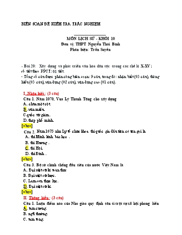 Đề kiểm tra trắc nghiệm môn Lịch sử Khối 10 - Bài 20: Xây dựng và phát triển văn hóa dân tộc trong các thế kỉ X-XV - Trường THPT Nguyễn Thái Bình (Có đáp án)