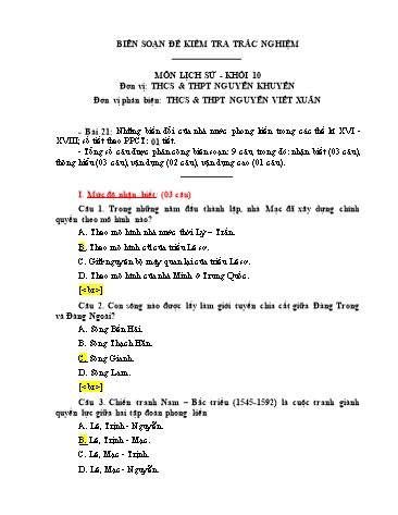 Đề kiểm tra trắc nghiệm môn Lịch sử Khối 10 - Bài 21: Những biến đổi của nhà nước phong kiến trong các thế kỉ XVI-XVIII - Trường THCS & THPT Nguyễn Khuyến (Có đáp án)