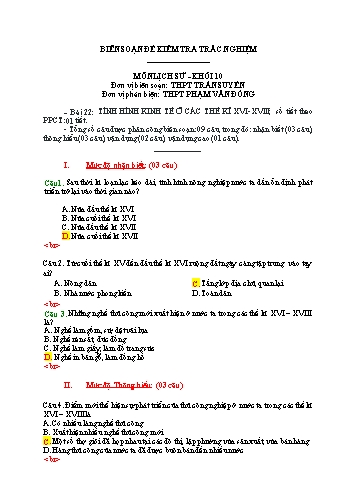 Đề kiểm tra trắc nghiệm môn Lịch sử Khối 10 - Bài 22: Tình hình kinh tế ở các thế kỉ XVI-XVIII - - Trường THPT Trần Suyền (Có đáp án)