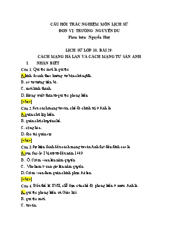 Đề kiểm tra trắc nghiệm môn Lịch sử Khối 10 - Bài 29: Cách mạng Hà Lan và cách mạng tư sản Anh - Trường THPT Nguyễn Du (Có đáp án)