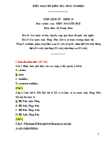 Đề kiểm tra trắc nghiệm môn Lịch sử Khối 10 - Bài 34, 35 - Trường THPT Nguyễn Huệ (Có đáp án)