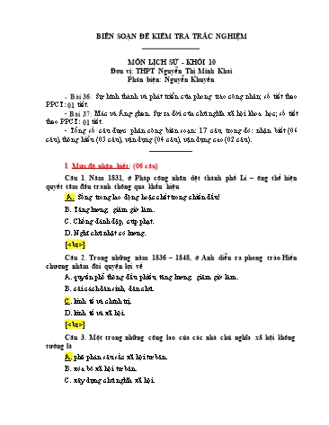 Đề kiểm tra trắc nghiệm môn Lịch sử Khối 10 - Bài 36, 37 - Trường THPT Nguyễn Thị Minh Khai (Có đáp án)