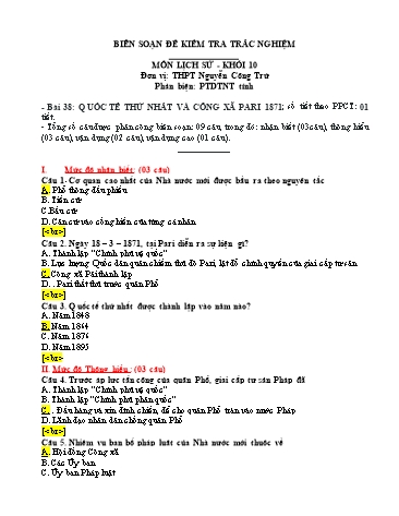 Đề kiểm tra trắc nghiệm môn Lịch sử Khối 10 - Bài 38: Quốc tế thứ nhất và công xã Pari 1871 - Trường THPT Nguyễn Công Trứ (Có đáp án)