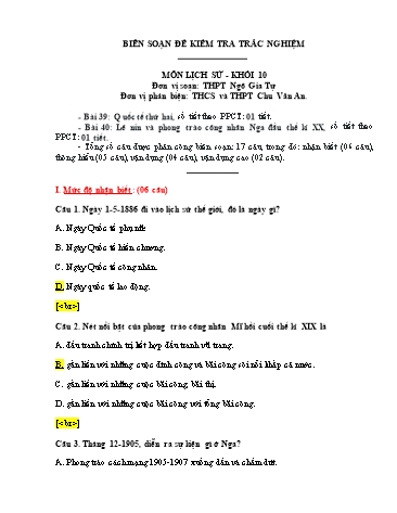 Đề kiểm tra trắc nghiệm môn Lịch sử Khối 10 - Bài 39, 40 - Trường THPT Ngô Gia Tự (Có đáp án)