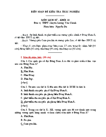 Đề kiểm tra trắc nghiệm môn Lịch sử Khối 10 - Bài 8, 9 - Trường THPT chuyên Lương Văn Chánh (Có đáp án)