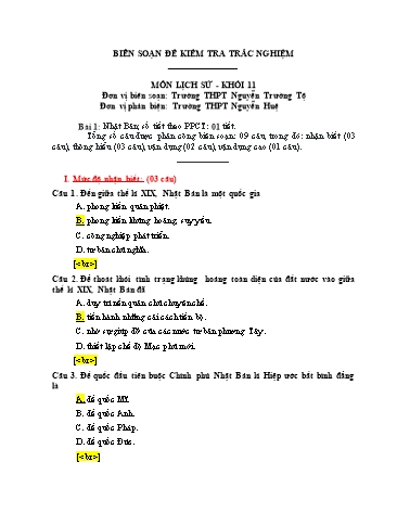 Đề kiểm tra trắc nghiệm môn Lịch sử Khối 11 - Bài 1: Nhật Bản - Trường THPT Nguyễn Trường Tộ (Có đáp án)