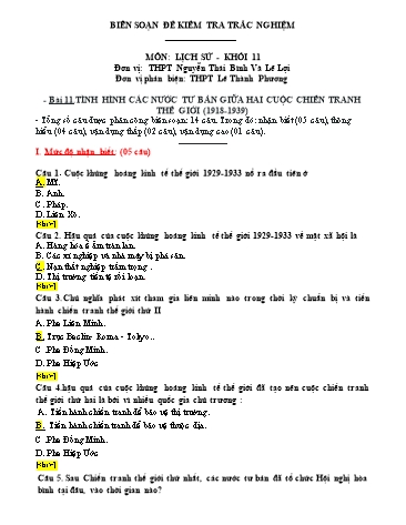 Đề kiểm tra trắc nghiệm môn Lịch sử Khối 11 - Bài 11: Tình hình các nước tư bản giữa hai cuộc chiến tranh thế giới (1918-1939) - Trường THPT Nguyễn Thái Bình và Lê Lợi (Có đáp án)