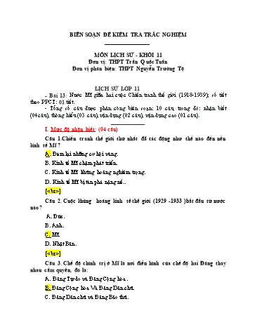 Đề kiểm tra trắc nghiệm môn Lịch sử Khối 11 - Bài 13: Nước Mĩ giữa hai cuộc Chiến tranh thế giới (1918-1939) - Trường THPT Trần Quốc Tuấn (Có đáp án)