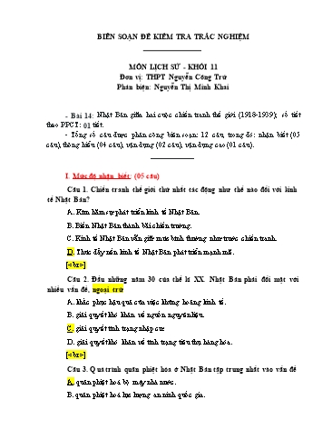 Đề kiểm tra trắc nghiệm môn Lịch sử Khối 11 - Bài 14: Nhật Bản giữa hai cuộc chiến tranh thế giới (1918-1939) - Trường THPT Nguyễn Công Trứ (Có đáp án)