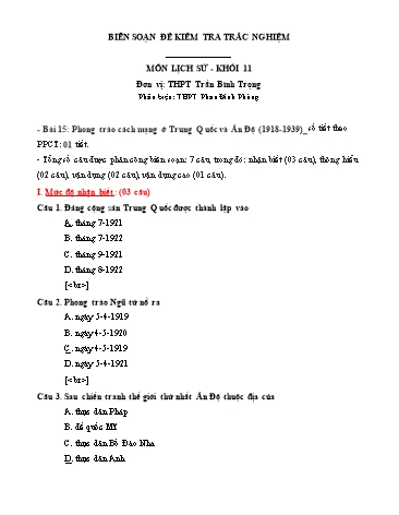 Đề kiểm tra trắc nghiệm môn Lịch sử Khối 11 - Bài 15: Phong trào cách mạng ở Trung Quốc và Ấn Độ (1918-1939) - Trường THPT Trần Bình Trọng (Có đáp án)