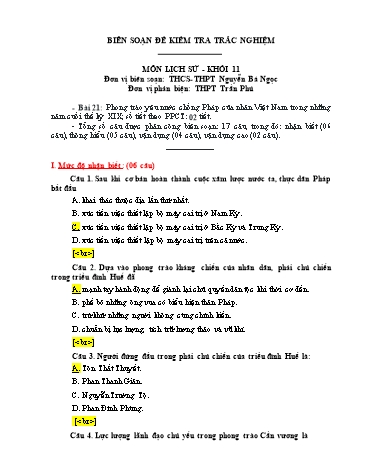 Đề kiểm tra trắc nghiệm môn Lịch sử Khối 11 - Bài 21: Phong trào yêu nước chống Pháp của nhân Việt Nam trong những năm cuối thế kỷ XIX - Trường THCS-THPT Nguyễn Bá Ngọc (Có đáp án)