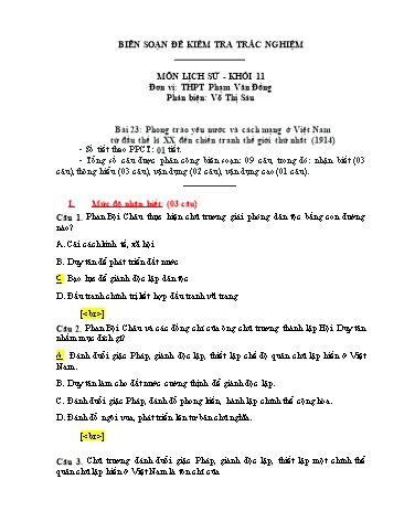 Đề kiểm tra trắc nghiệm môn Lịch sử Khối 11 - Bài 23: Phong trào yêu nước và cách mạng ở Việt Nam từ đầu thế kỉ XX đến chiến tranh thế giới thứ nhất (1914) - Trường THPT Phạm Văn Đồng (Có đáp án)