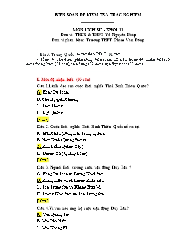 Đề kiểm tra trắc nghiệm môn Lịch sử Khối 11 - Bài 3: Trung Quốc - Trường THCS & THPT Võ Nguyên Giáp (Có đáp án)