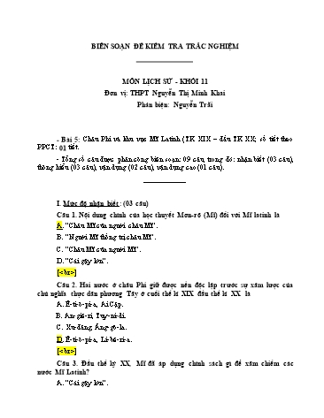 Đề kiểm tra trắc nghiệm môn Lịch sử Khối 11 - Bài 5: Châu Phi và khu vực Mĩ Latinh (Thế kỉ XIX – đầu TK XX ) - Trường THPT Nguyễn Thị Minh Khai (Có đáp án)
